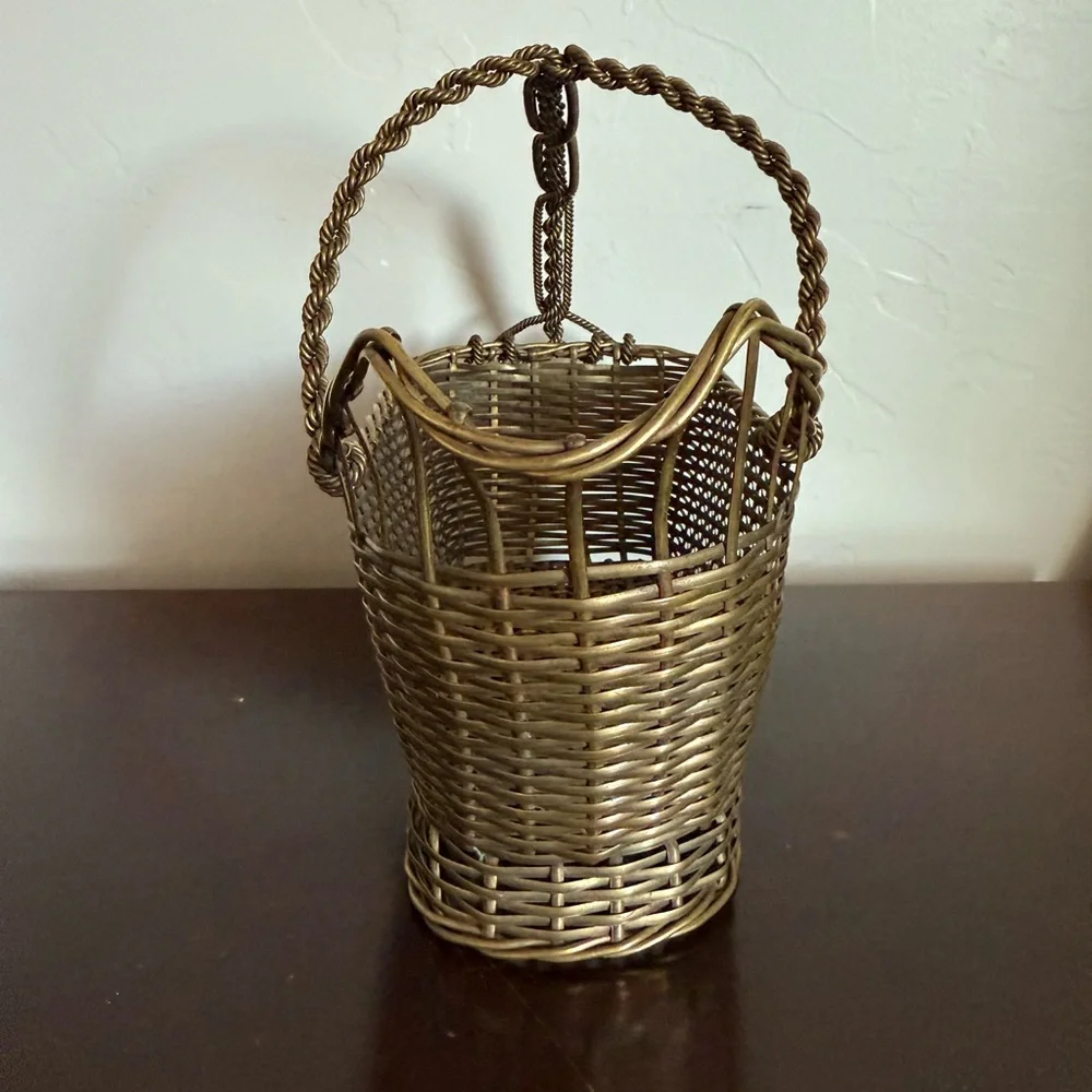 Antique French‎ Brass Gold Woven Basket wine holder caddy